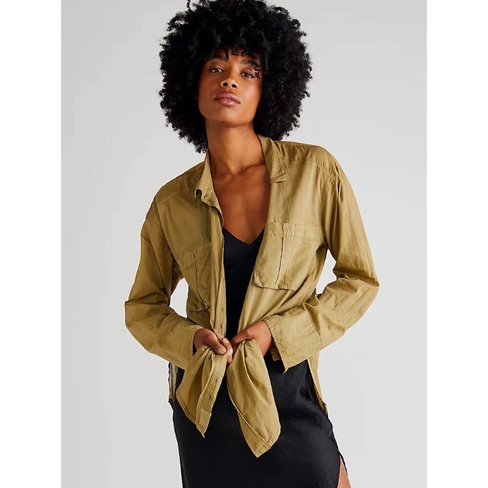 We The Free Sheer Luck Cotton Oversized Boho Khaki Utility Button Up Shirt Small